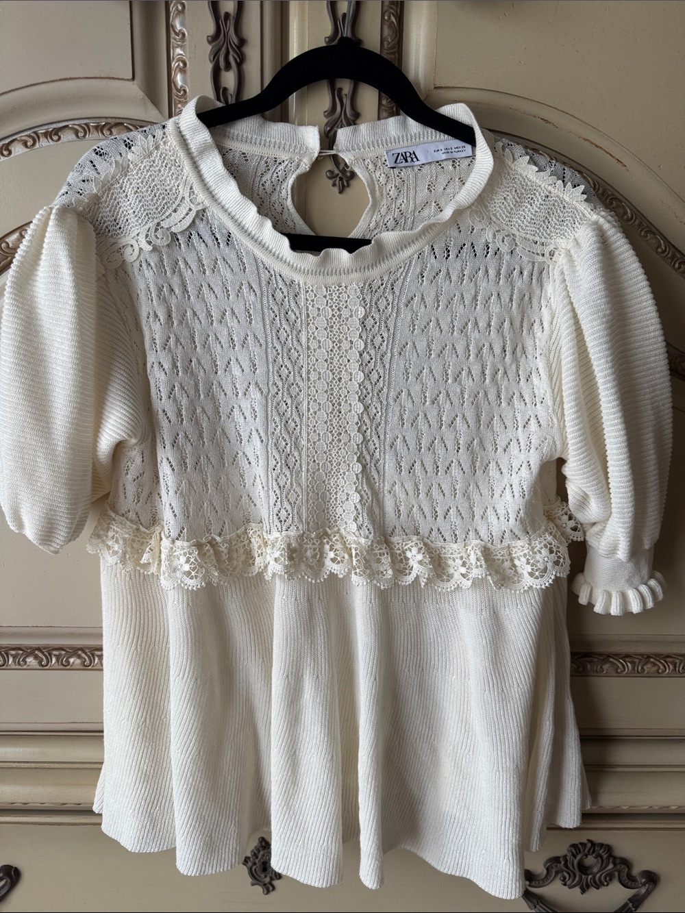 Zara Cream Lace-Knit  blouse with Ruffled Detail